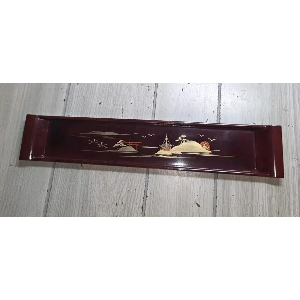 VTG Imaoka Trading Co Japan AIZU Sake Set 6 Cups Tray Deep Red Gold Beach Scene